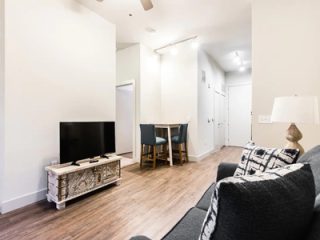 Minimalist living room with a cozy couch and modern decor, reflecting a comfortable and stylish urban apartment setting.