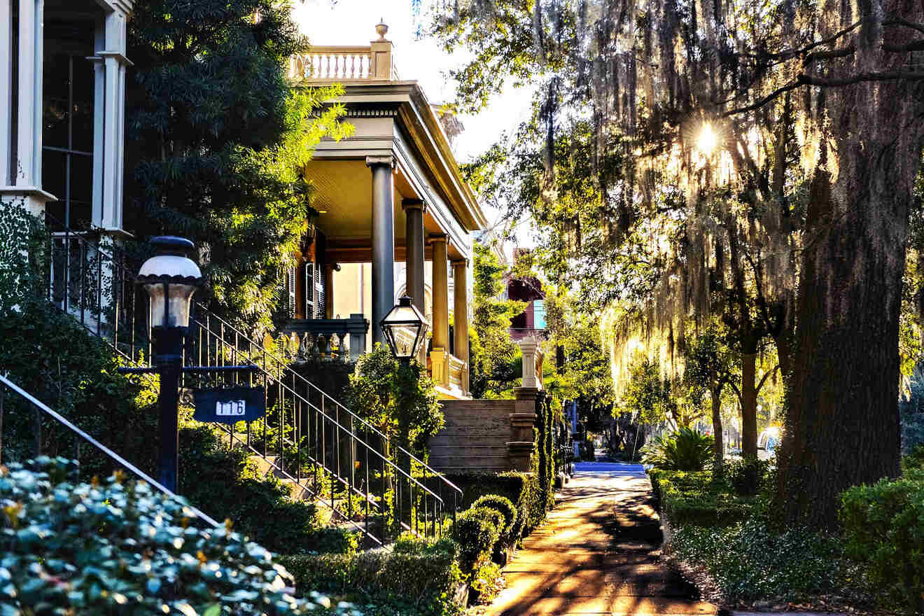 Sunlight filters through Spanish moss hanging from oak trees lining a serene sidewalk next to a historic yellow house with white columns and iron railings in a charming Southern neighborhood