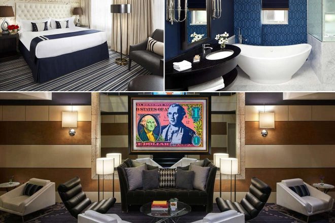 A collage of three hotel photos to stay in Washington DC: a modern bedroom with a navy blue accent and a sleek design, an elegant bathroom with a freestanding tub and blue wallpaper, and a sophisticated hotel lounge area with a pop art piece and comfortable black recliners.