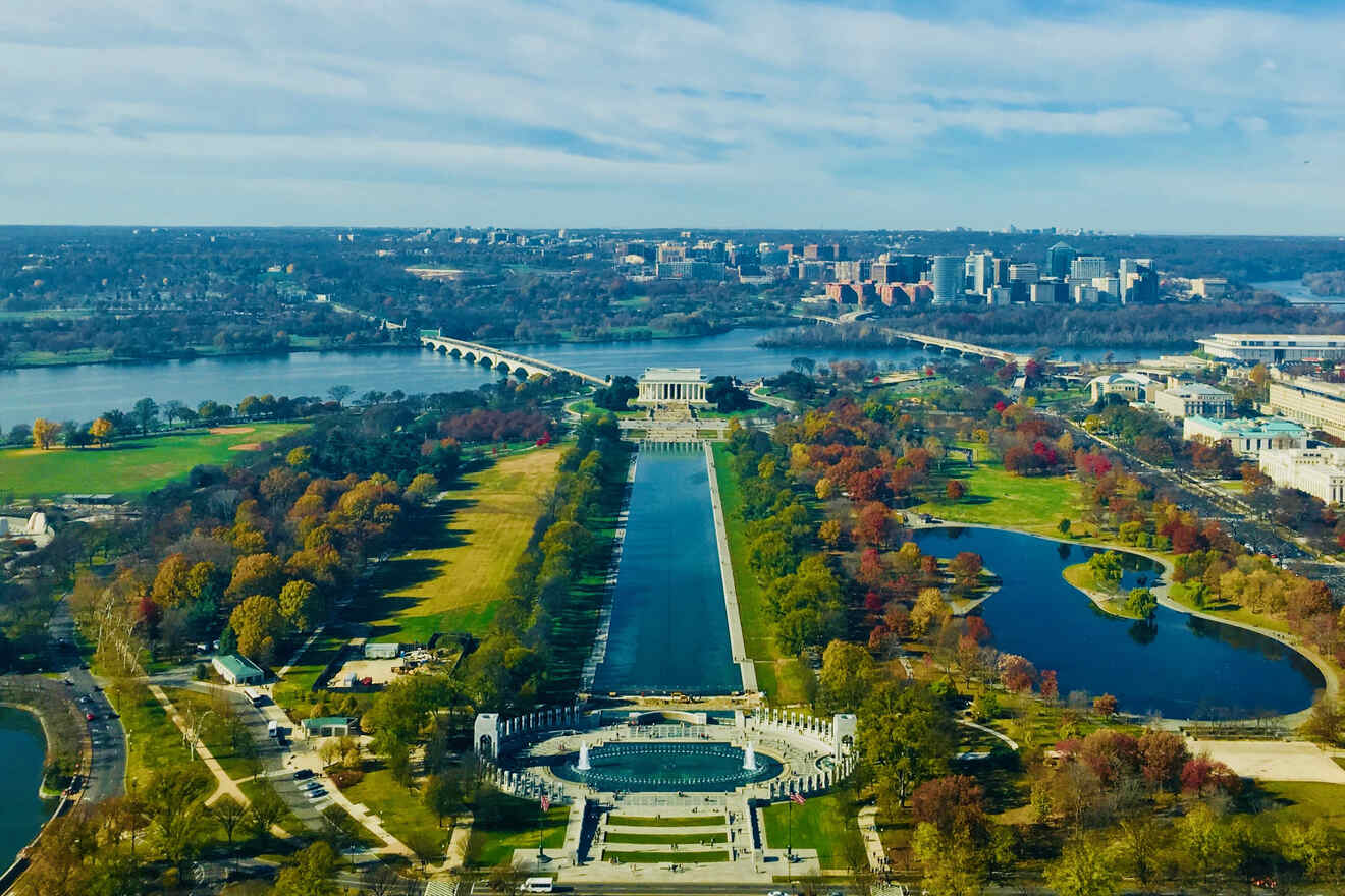 Aerial view of the National Mall in Washington, D.C., showcasing the Lincoln Memorial, Reflecting Pool, and the Washington Monument surrounded by autumn-colored trees.
