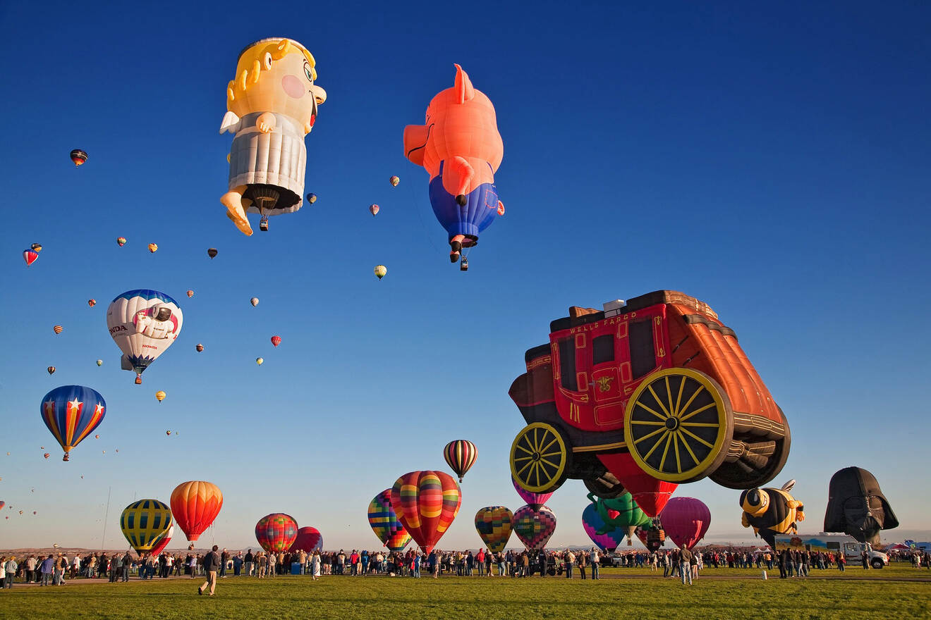 Hot air balloons of various shapes and sizes, including a carriage, a fish, and a character, float in a clear blue sky over a green field with a crowd of spectators below.