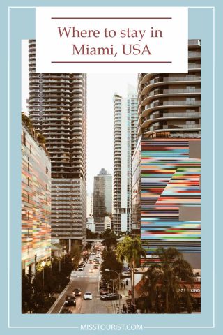 Travel blog graphic with a Miami street view, featuring colorful buildings and traffic, captioned "Where to stay in Miami, USA"