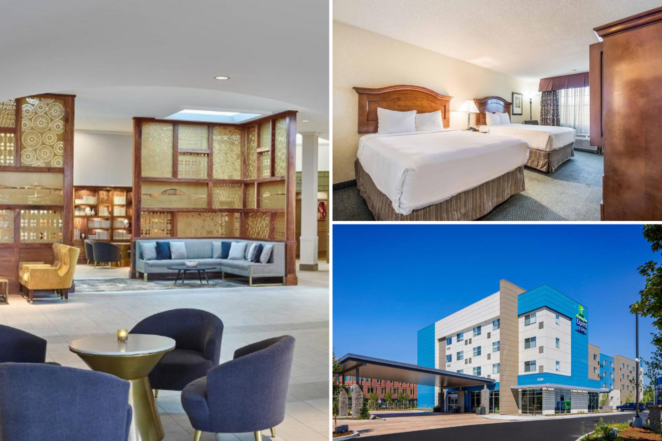 Collage of three hotel photos: lounge area, bedroom, and hotel exterior