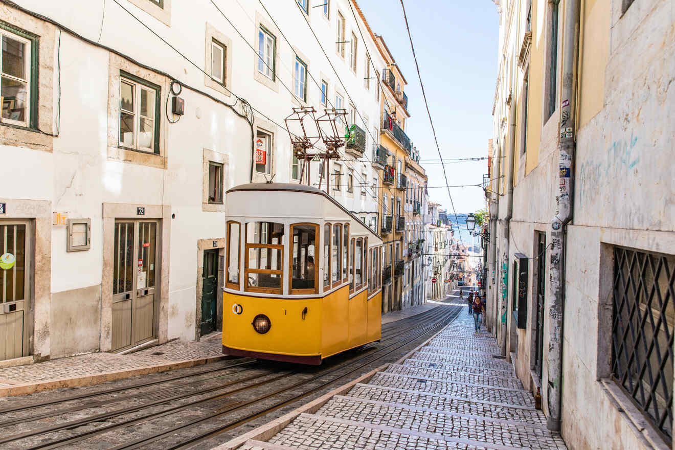 Vintage yellow tram on a cobblestone street in Lisbon, with traditional Portuguese buildings lining the road