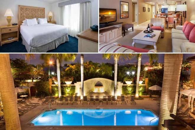 Collage of hotel amenities featuring a cozy bedroom with a large bed and classic furniture, a spacious living room with a TV and comfortable seating, and a night view of an inviting hotel courtyard with a swimming pool surrounded by palm trees and lounge chairs