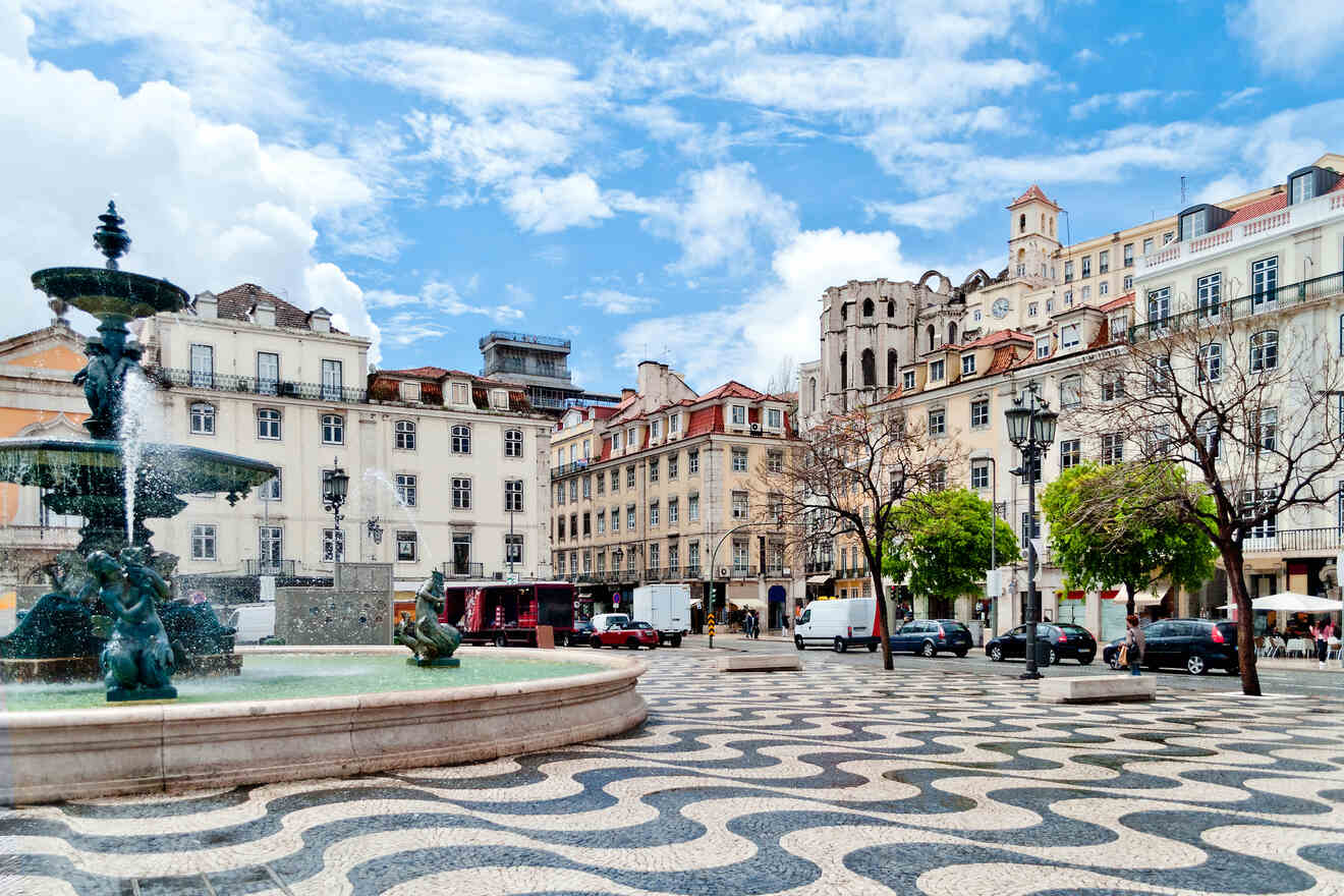 Wide view of Rossio Square in Lisbon, with a patterned cobblestone pavement, a central fountain, and historic buildings in the background