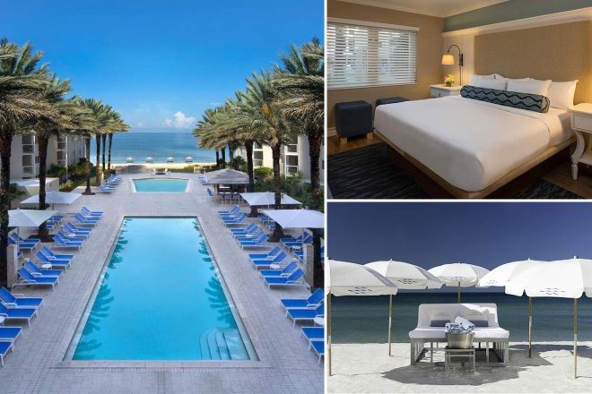 Collage of a luxury Naples beachfront hotel: an inviting pool flanked by palm trees, a comfortable guest room with modern decor, and a serene beach setup with white umbrellas and loungers