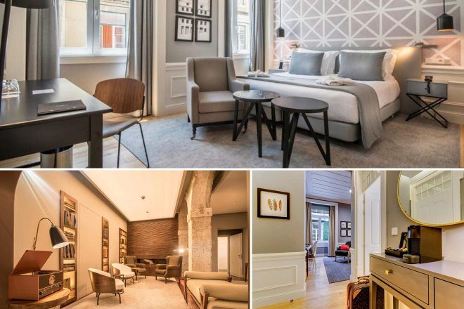 A collage of three photos depicting elegant hotel rooms: a sleek work desk and a comfortable armchair by a large window, an inviting bed with a geometric headboard design and chic bedside lighting, and a refined sitting area with a vintage phonograph and bookshelves