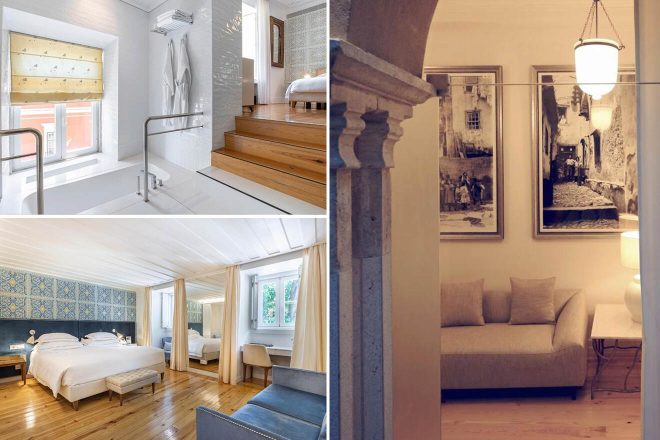 A collage of three pictures of a hotel to stay in Lisbon: a bright bathroom with a unique window view, a spacious bedroom adorned with traditional blue and white tiles, and a cozy nook with vintage-style sepia-toned photographs and elegant lighting