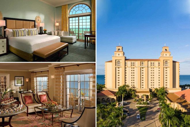 A collage of three hotel photos to stay in Naples: a hotel room with a grand window arch, an elegant sitting area with a sea view, and the towering facade of the grand hotel building against a clear sky