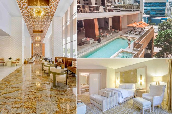 A collage of three hotel photos to stay in Panama City: an opulent hotel lobby with intricate ceiling design and marble floors, an inviting poolside lounge area with orange umbrellas and city views, and a spacious hotel room with plush seating and a cozy ambiance.