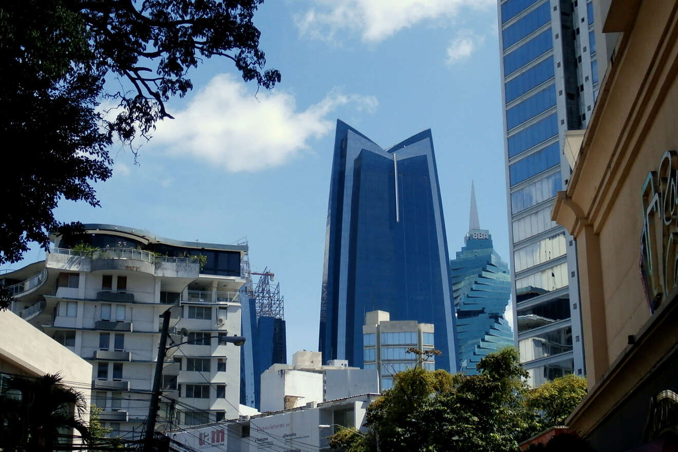 View of Panama City's modern skyline with distinctive blue glass towers, seen from a shaded street lined with older buildings and lush trees