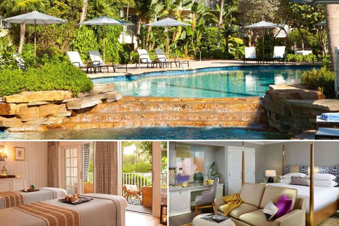 Collage of a tropical Naples hotel retreat: a lush pool with water features, a classic guest room with balcony access, and a bright, cozy suite with elegant furnishings.