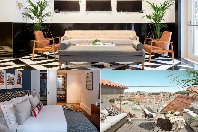 A collage of three pictures of a hotel to stay in Lisbon: a sophisticated lobby with black and white checkered flooring and chic tan leather chairs, a cozy bedroom with colorful art and modern design elements, and a rooftop view with comfortable outdoor seating overlooking the picturesque cityscape.