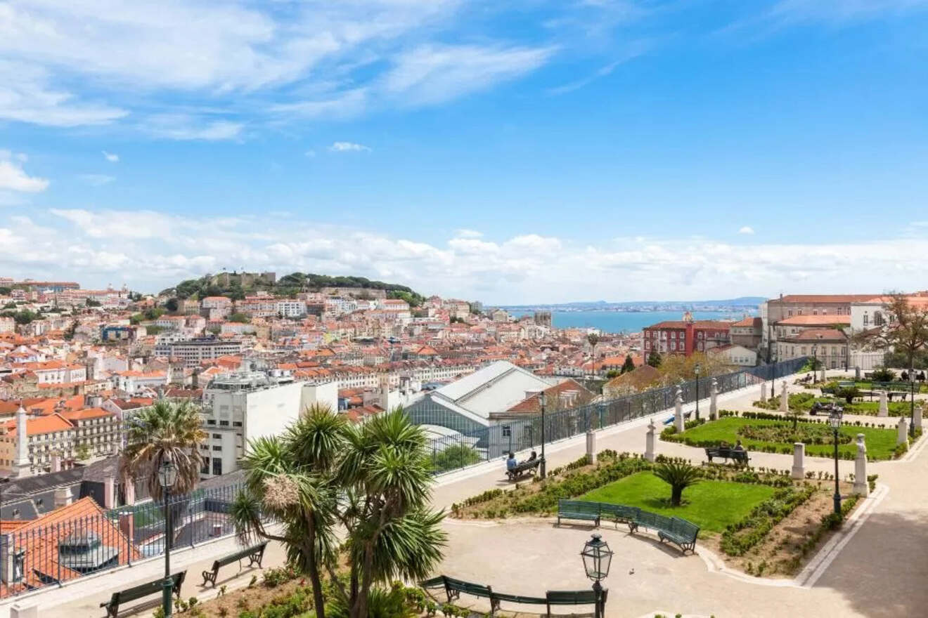 Panoramic view of Lisbon's terracotta rooftops, the São Jorge Castle, and the Tagus River from a high vantage point.