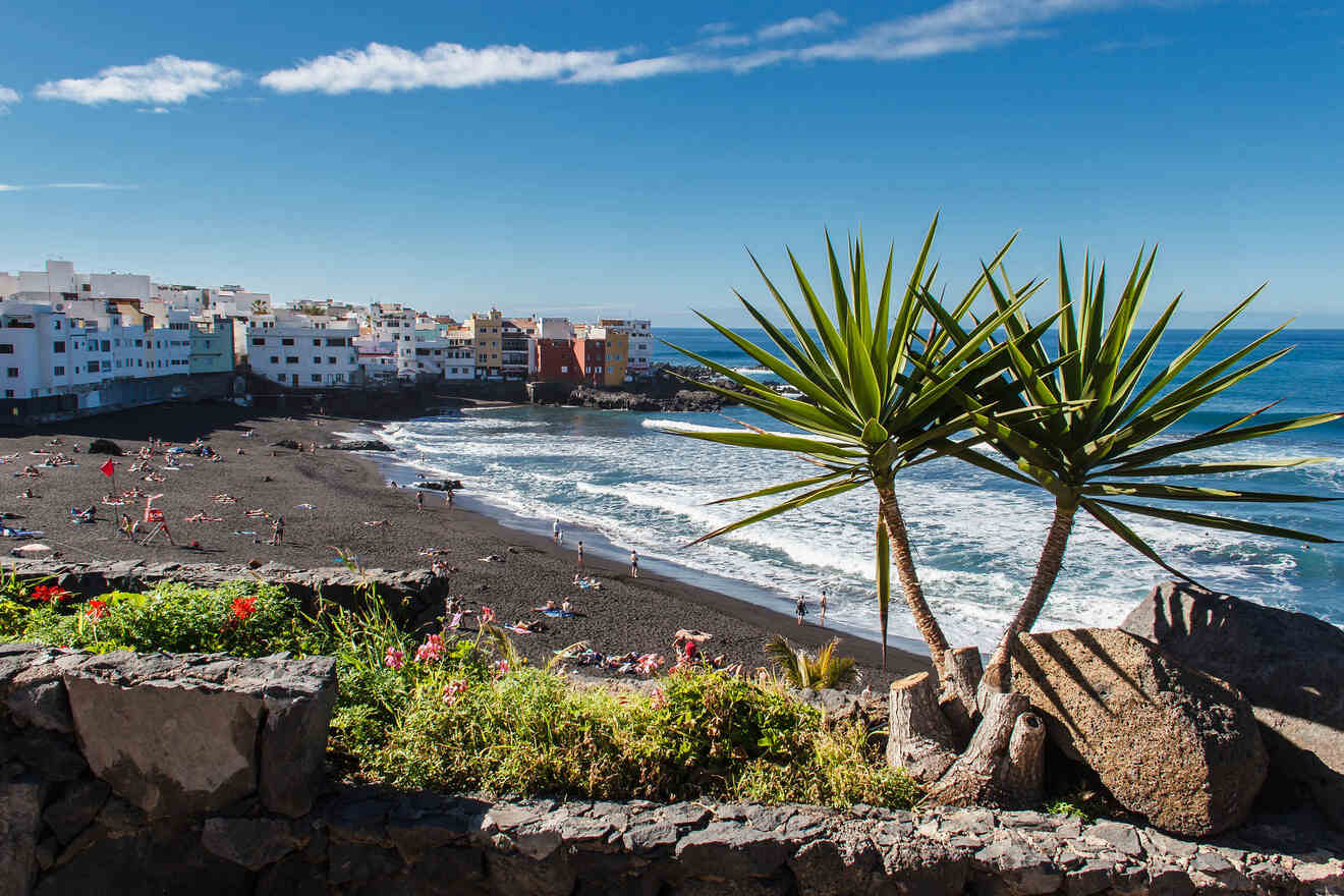 A breathtaking view of a volcanic beach with black sand, lined with white buildings and bright flowers in the foreground, under a clear blue sky