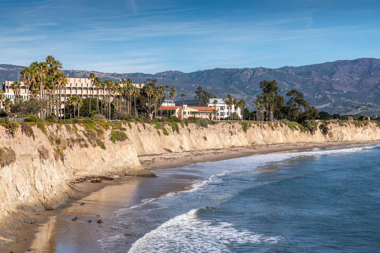 The picturesque Santa Barbara coastline with towering palm trees atop sandy cliffs overlooking a serene beach, with gentle waves caressing the shoreline