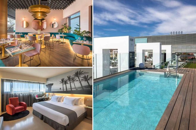 A collage of three hotel photos to stay in Malaga: an intimate dining space with vibrant aqua accents and stylish seating, a bedroom featuring a grayscale mural of palm trees and red armchair, and a sunlit pool area with a view of the hotel's sleek, white exterior.