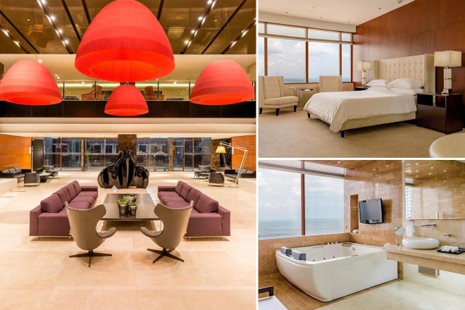 A collage of three hotel photos to stay in Panama City: a grand hotel lobby with large red pendant lighting and modern seating arrangements, a luxurious hotel room with neutral tones and ocean views, and a spa-like bathroom with a large window next to a corner bathtub.