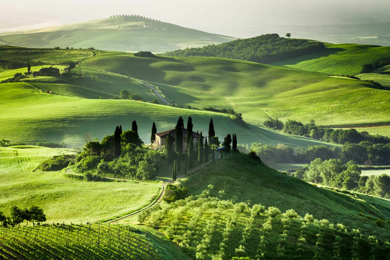 Rolling hills of Tuscany with lush green fields, a winding road leading to a secluded farmhouse flanked by cypress trees, capturing the serene beauty of the Italian countryside at sunrise