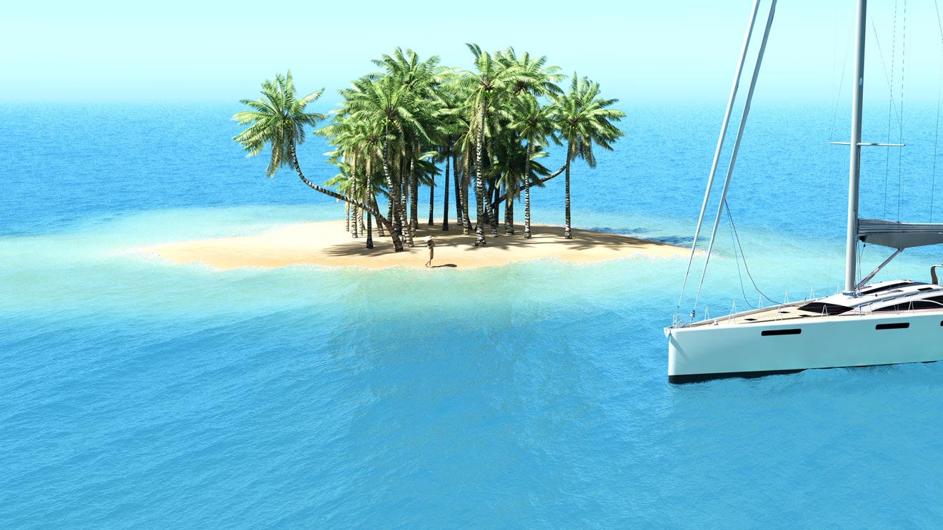A secluded tropical island with a cluster of palm trees and a single person walking on the beach, next to a white sailing yacht anchored in clear blue waters