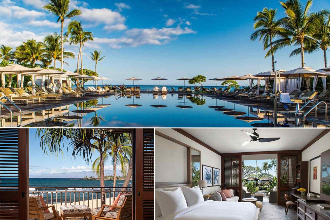 a collage of three photos: view of pool, view from balcony, and bedroom