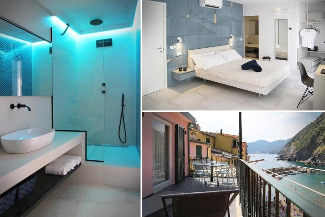 A collage of three hotel photos to stay in Cinque Terre: an ultramodern bathroom with blue lighting and sleek fixtures, a minimalistic bedroom with balcony access overlooking the seaside, and a quaint balcony setting with a table and chairs against a backdrop of colorful houses and the sea.