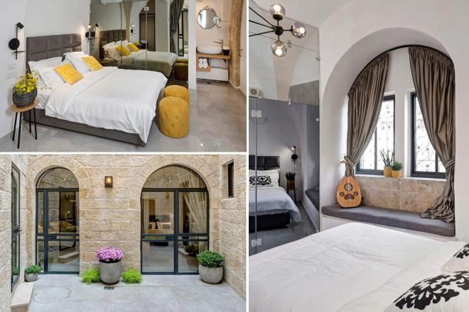 A collage of three hotel photos to stay in Jerusalem: An elegant room with white bedding and yellow accents, a stone archway leading to a cozy hotel entrance, and a chic bedroom with a curved window and decorative ironwork.