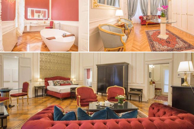 A collage of three hotel photos to stay in Verona: featuring an elegant bathroom with a standalone tub and a mirrored vanity, a regal bedroom with a plush red headboard and patterned carpet, and a cozy living area with deep blue tufted sofas and a black coffee table.