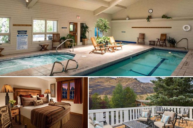 Collage of a small indoor pool and hot tub area, a cozy bedroom, and a balcony with outdoor seating and mountain views.