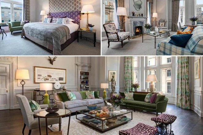 A collage of three hotel photos to stay in Edinburgh: a chic bedroom with plush purple accents and a cozy fireplace, a sophisticated living room with patterned curtains and green sofas, and a classic lounge with a bookshelf and framed art.