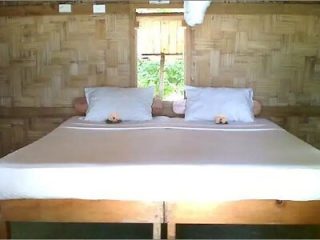 A simplistic yet cozy rustic cabin bedroom with a large bed, wooden walls, and a welcoming ambiance