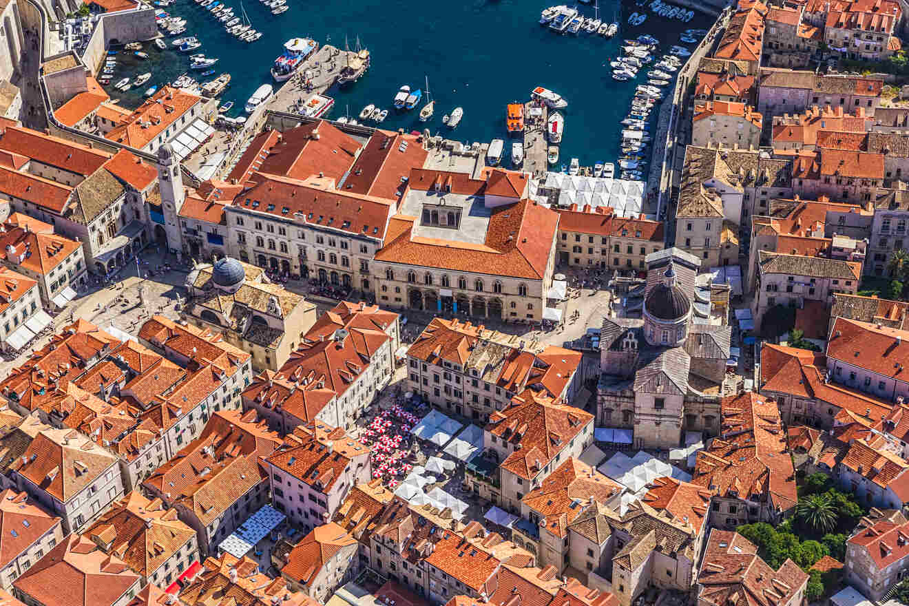 Bird's-eye view of Dubrovnik's historic center, highlighting the dense layout and ancient buildings