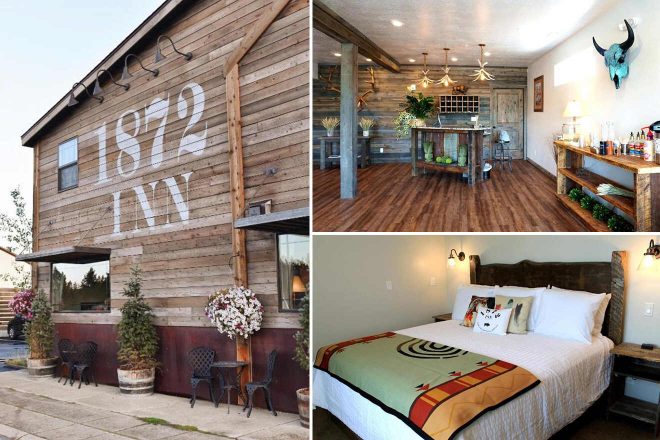 Exterior of a rustic inn with "1872 Inn" on the wall, a cozy lobby with wood decor, and a bedroom featuring a large bed with a colorful blanket.