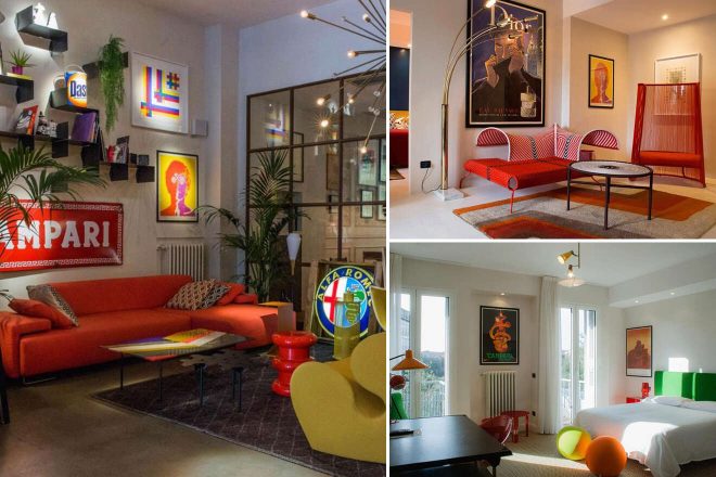 A collage of three hotel photos to stay in Verona: a lively living room with pop art decor and bright colors, a stylish bedroom with modern red furnishings and artworks, and a playful space with colorful furniture and a relaxed ambiance
