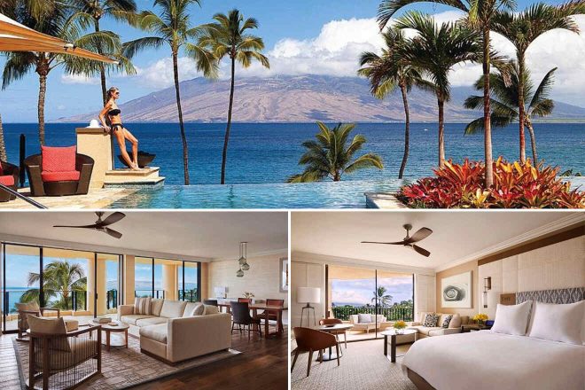 Beachfront resort with a pool overlooking the ocean and mountains; woman in swimwear at the poolside. Luxurious indoor spaces with modern furnishings, including a living room and bedroom.