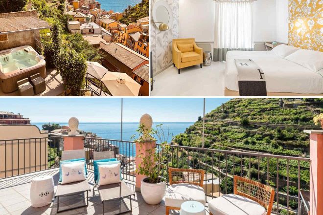 A collage of three hotel photos to stay in Cinque Terre: a luxurious outdoor hot tub overlooking the town, a spacious bedroom with bold wallpaper and comfortable seating, and a sea-view balcony furnished with inviting chairs and a small table.