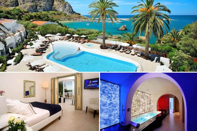 collage of 3 images with: hotel with a pool and a view of the ocean, bedroom and bathroom with jacuzzi