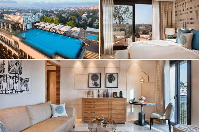 A collage of three hotel photos to stay in Jerusalem: A rooftop swimming pool overlooking the cityscape, a sophisticated room with a balcony offering scenic views, and a comfortable lounge area with artful decor.