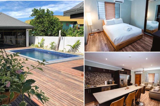 A collage of three hotel photos to stay in Fiji: A private pool with wooden decking, a minimalist bedroom with a comfortable bed, and a spacious living area with a modern kitchen and lounge.