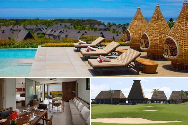 A collage of three hotel photos to stay in Fiji: A luxury hilltop pool overlooking the ocean, an inviting open-plan living and dining area, and a traditional Fijian hut on a golf course.