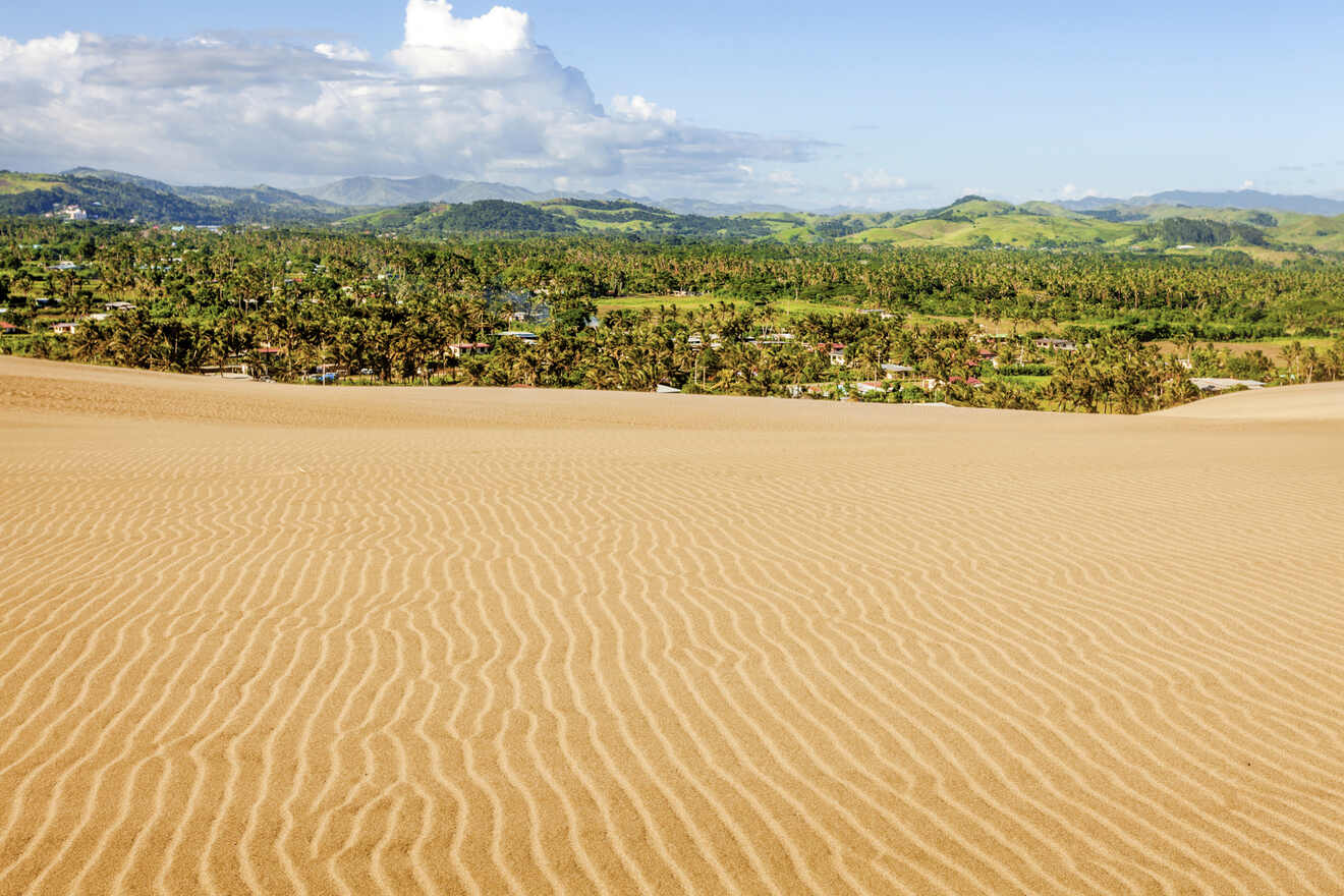 A vast desert landscape with patterned sand dunes in the foreground and a lush green oasis with palm trees and a village in the distance