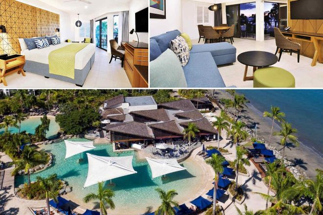A collage of three hotel photos to stay in Fiji: A chic bedroom with geometric headboard design and a view to the balcony, a cozy outdoor lounge area with blue cushions, and an aerial view of a beachside resort with pool and palm trees.
