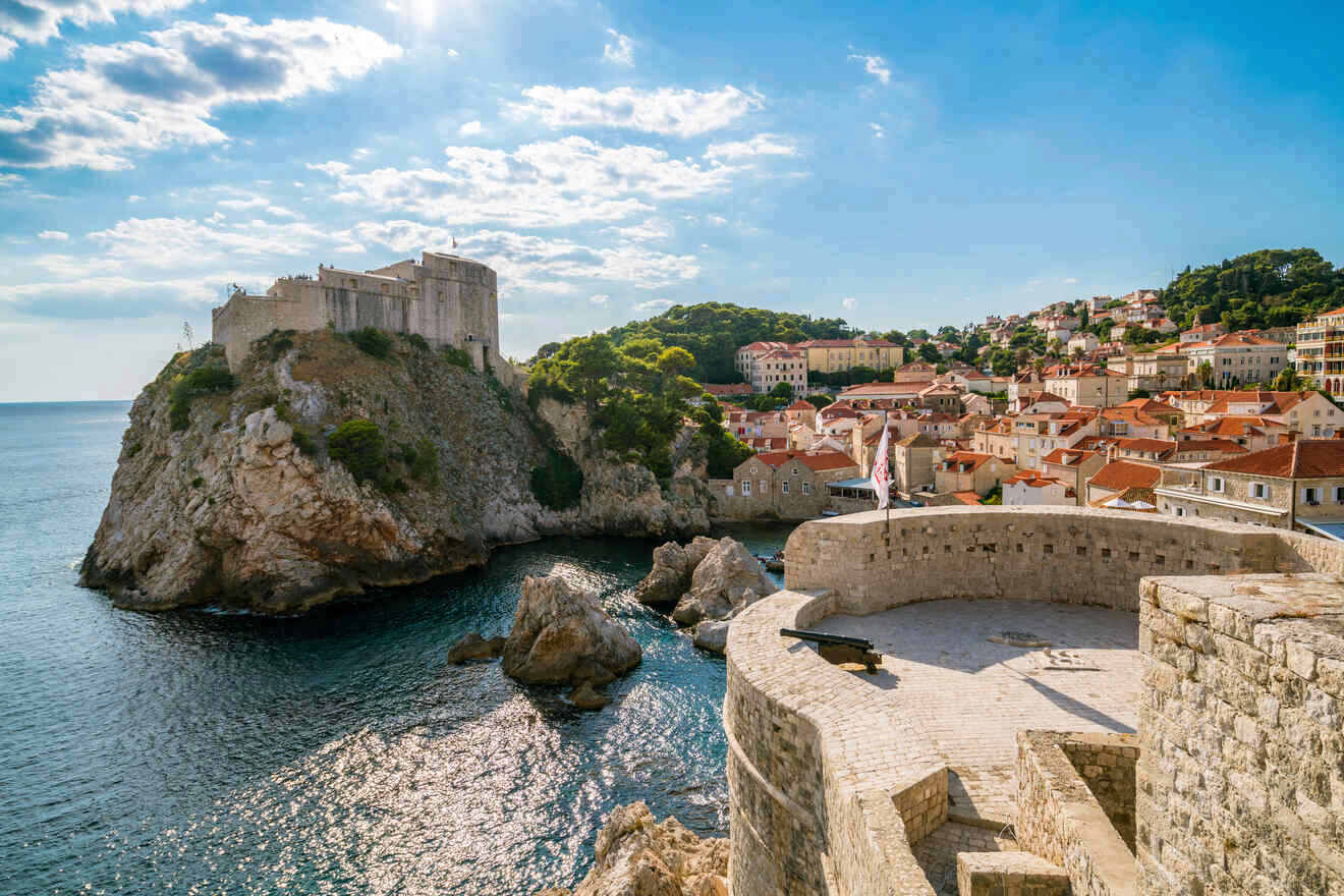 Picturesque view of Dubrovnik's fortress and old town perched on cliffs above the azure Adriatic Sea under a partly cloudy sky