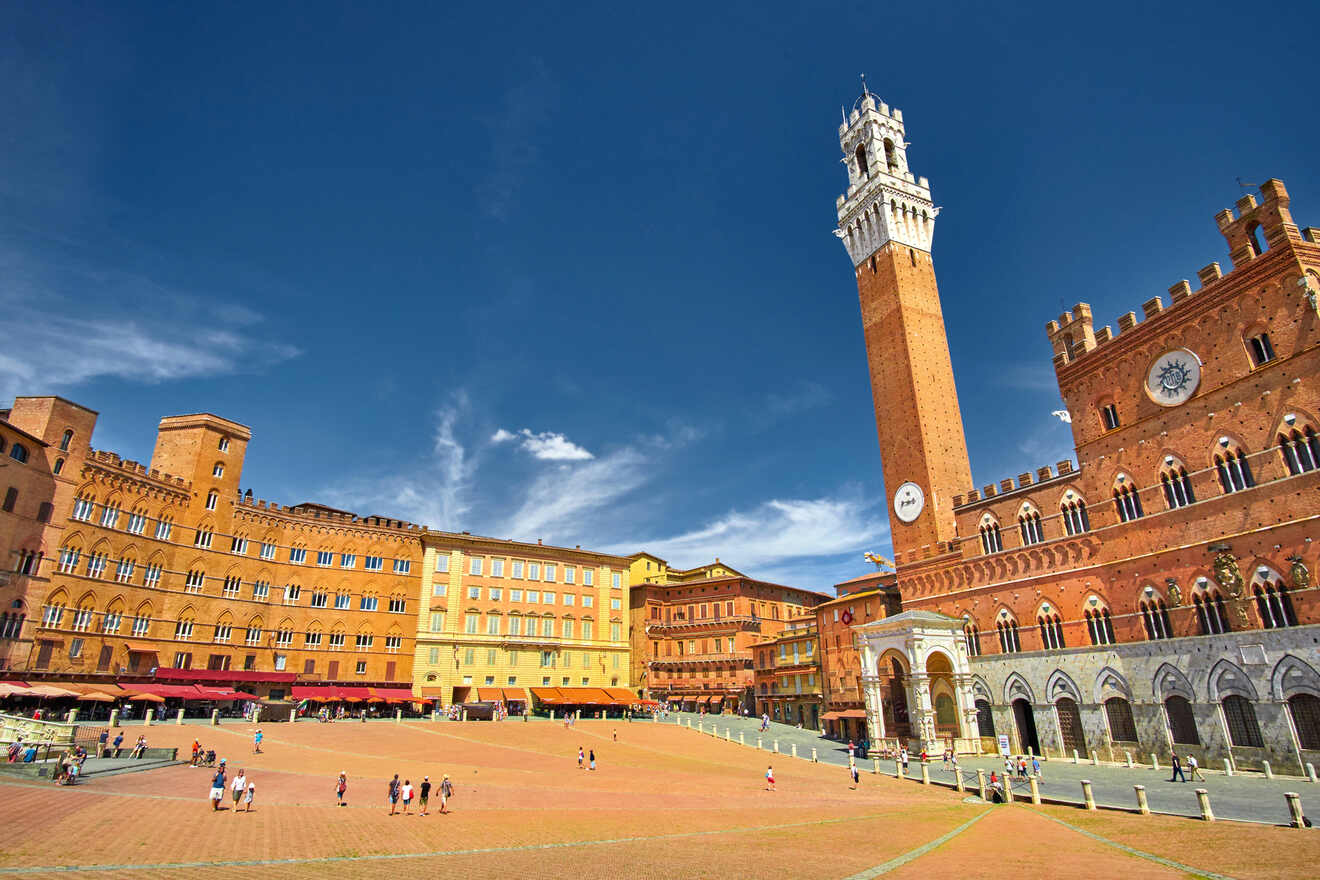 The Piazza del Campo in Siena, Italy, basked in sunlight, featuring the Torre del Mangia and the Palazzo Pubblico with tourists scattered across the shell-shaped town square