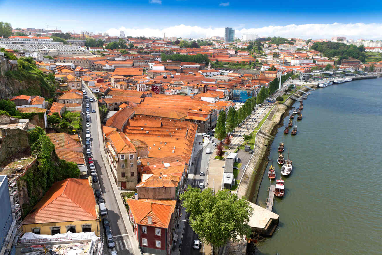 Aerial view of Porto's historic district with terracotta rooftops, the Douro River, and traditional Rabelo boats, under a cloud-dotted sky