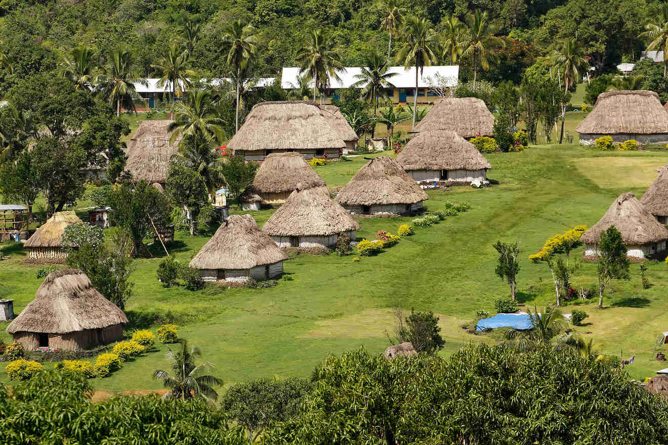 An aerial view of a traditional village with thatched-roof huts surrounded by lush greenery and flowering plants, indicative of a rural landscape
