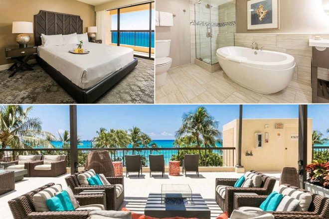 Collage of a hotel suite: features a bed with ocean view, bathroom with a tub, and a balcony with outdoor seating overlooking palm trees and the sea.