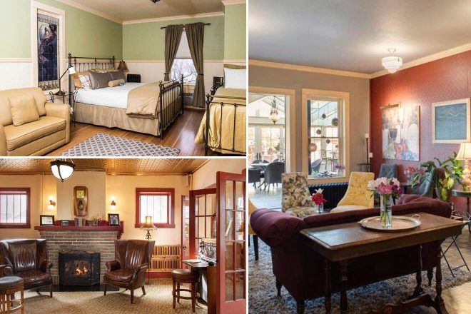 Collage of three rooms: a bedroom with metal frame bed, a lounge with red walls and floral decor, and a sitting area featuring a brick fireplace and leather chairs.