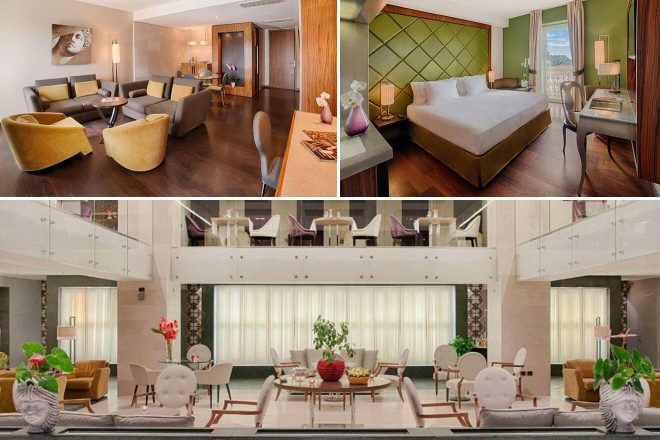 collage of 3 images with: lounge zone, bedroom and living room